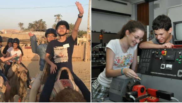 שתי תמונות צמודות באחת ילדה וילד במעבדת הנדסה ובשניה ילדים סינים וישראלים במוזיאון רוכבים על אופניים זה מול זה